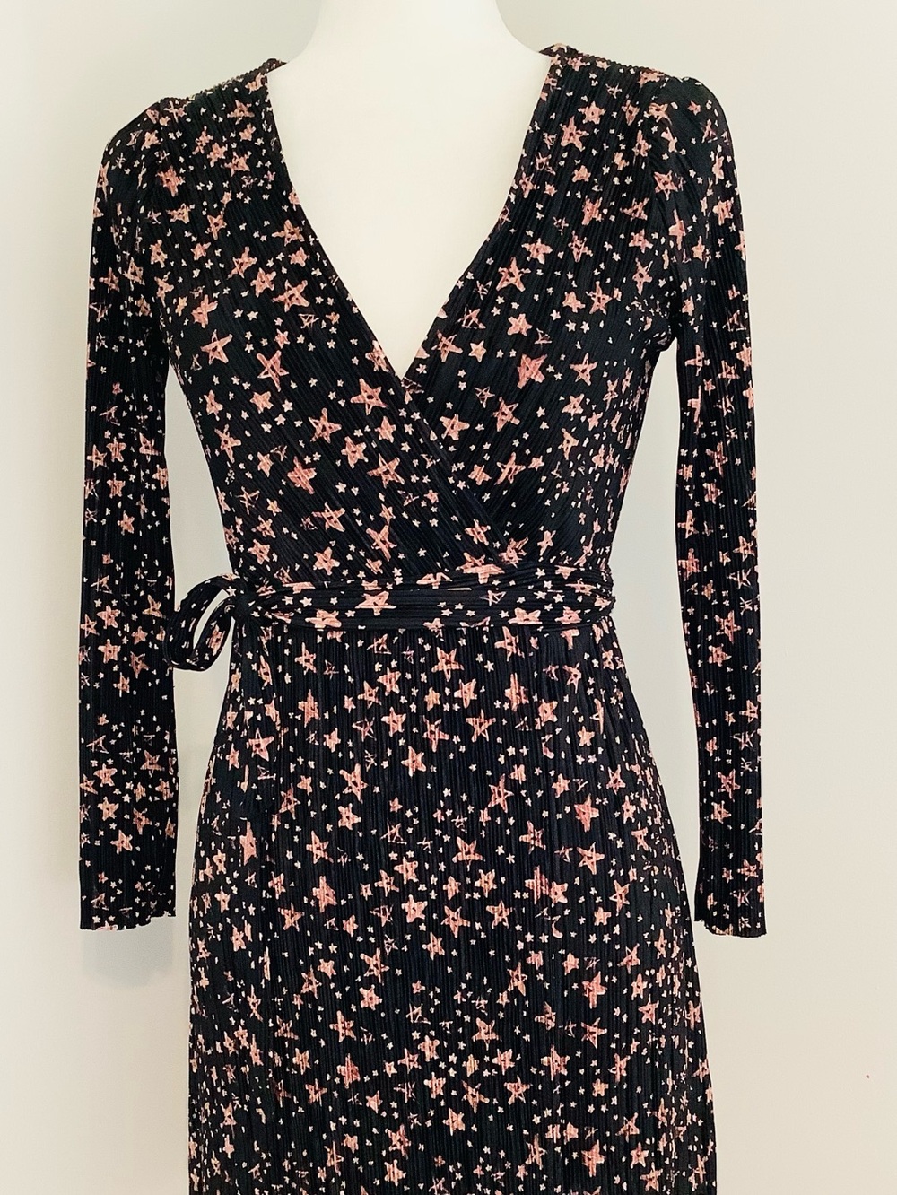 Topshop Black Wrap Long-Sleeve Dress Golden Pink Star Print Celestial